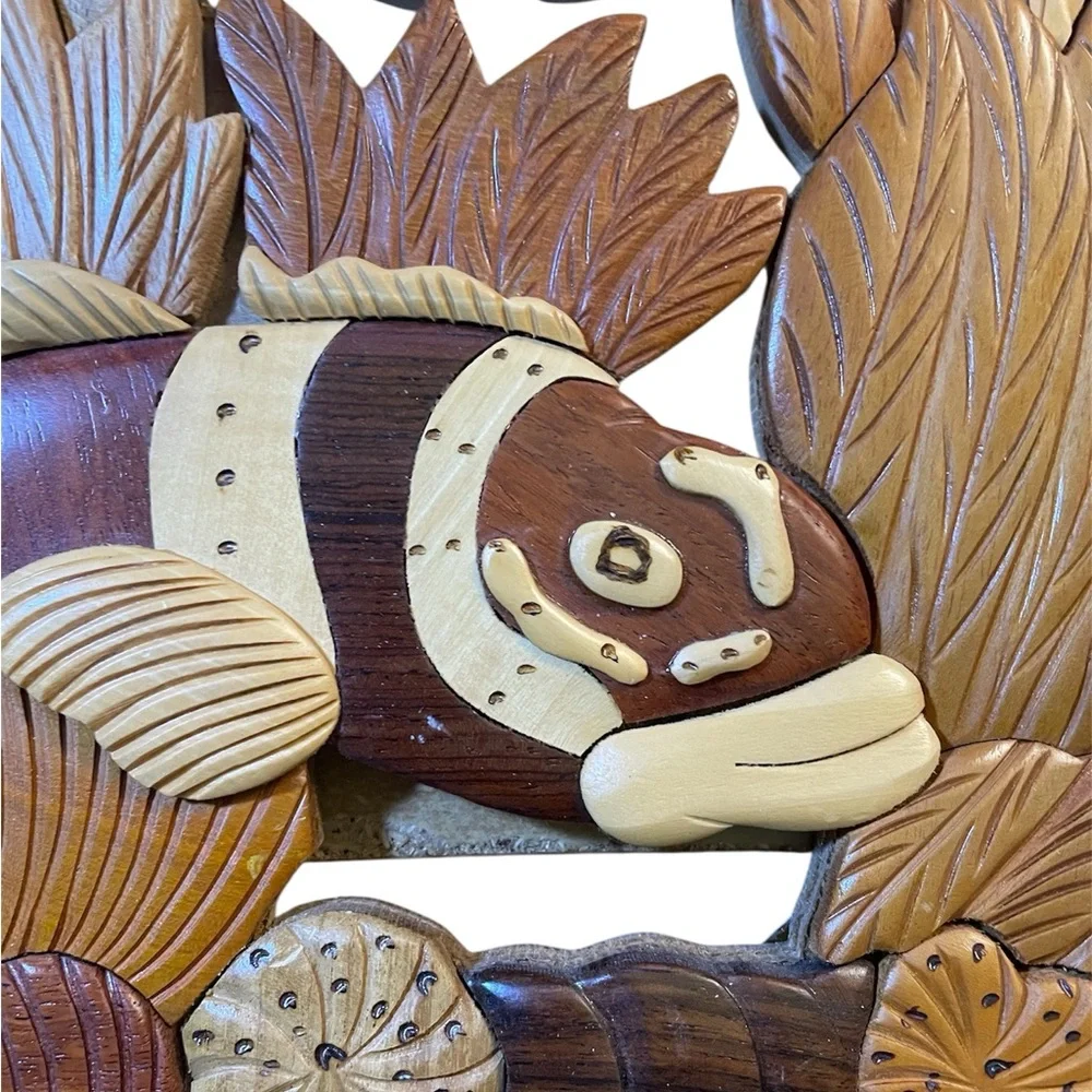 Vintage Fish Wood Carving Leaves Coral Art, Wall Decoration 100% Wood Handcrafte